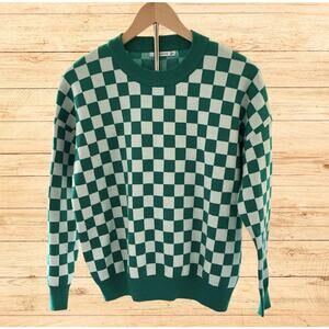 Green Checkboard Crew Neck Pullover Sweater – Kelly Green & White, Size S